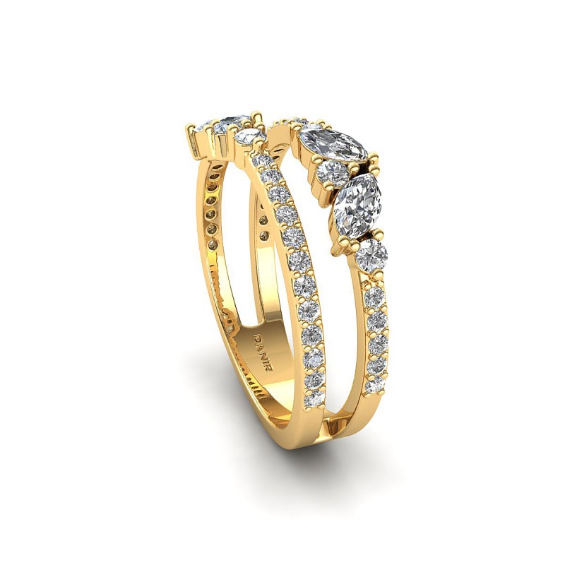 18K Yellow Gold Double Band Marquise Diamond Ring