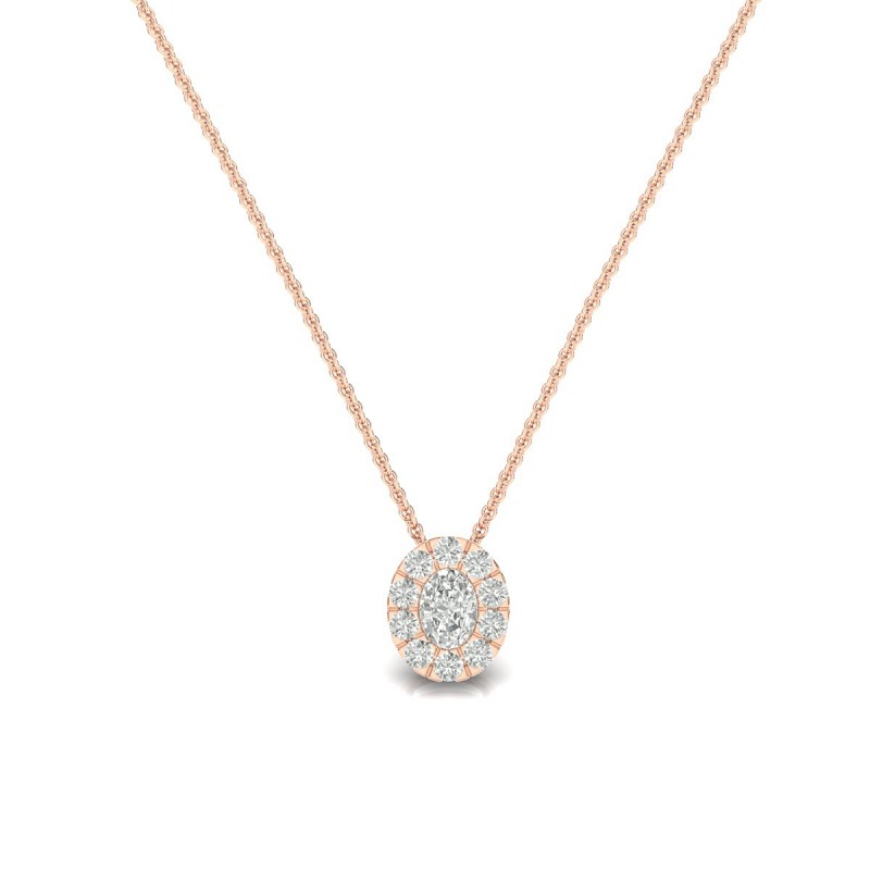18K Oval Halo Diamond Rose Gold Necklace