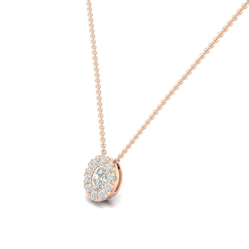 18K Oval Halo Diamond Rose Gold Necklace