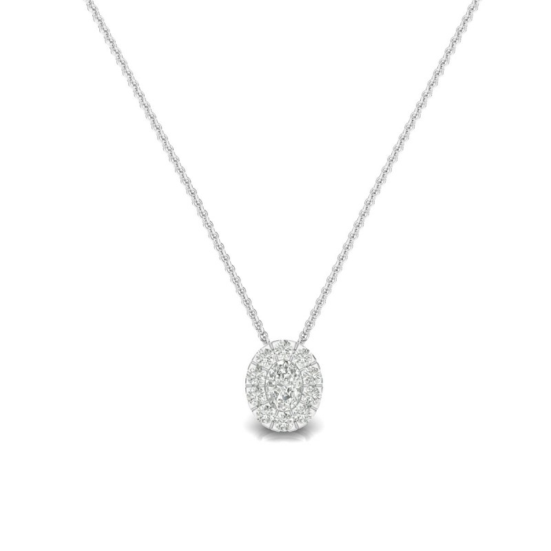 18K Oval Halo Diamond White Gold Necklace