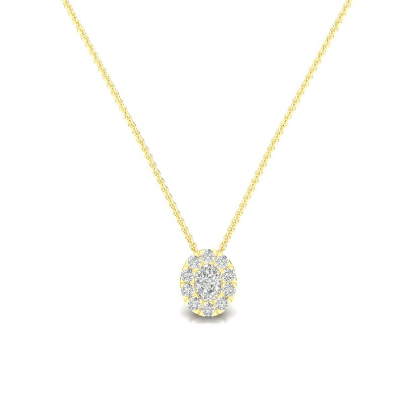 18K Oval Halo Diamond Yellow Gold Necklace