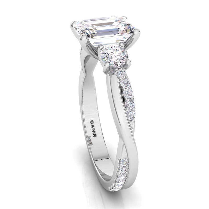18K White Gold <br> Three Stone Twist Diamond Engagement Ring Emerald White Gold 