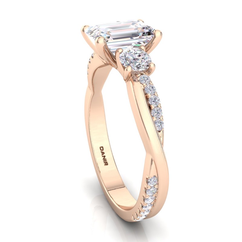 Three Stone Twist Diamond Engagement Ring Emerald Rose Gold 