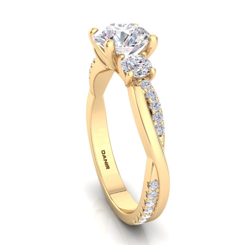 Three Stone Twist Diamond Engagement Ring Round Yellow Gold 