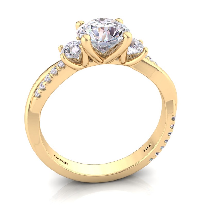 Three Stone Twist Diamond Engagement Ring Round Yellow Gold 